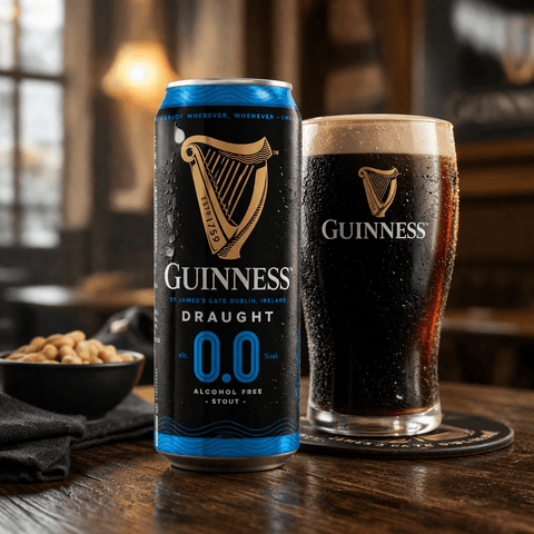 Guinness 0.0 alkoholfreies Bier perfekt gekühlt im Glas und Dose, cremiger Schaum, ideal für bewussten Genuss