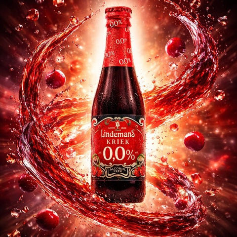 Flasche Lindemans alkoholfreies Kirschbier mit rotem Etikett, Kirschenmotiv, fruchtiges, alkoholfreies Bier,dynamisch