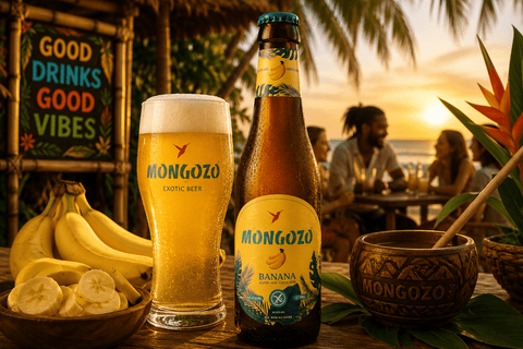 Mongozo Banana 330 ml glutenfreies Fairtrade-Bananenbier in tropischer Strandbar mit frischen Bananen und sommerlichem Ambiente