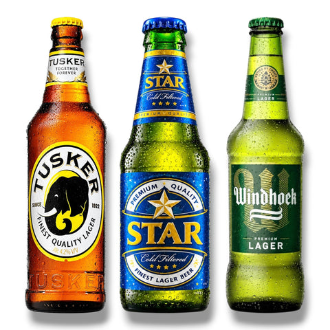 Afrika Bierpaket mit Star aus Nigeria, Windhoek aus Namibia und Tusker aus Kenia