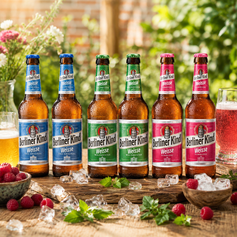 Berliner Weisse Mix mit Original, Waldmeister und Himbeere gekühlt auf Eis im sommerlichen Lifestyle Setting