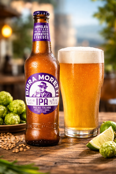 Birra Moretti IPA im Glas und Flasche in italienischer Atmosphäre