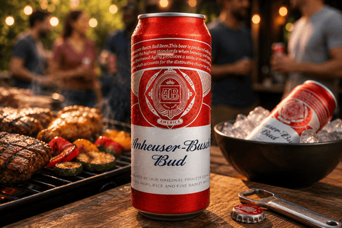 Bud Beer Dose beim BBQ im Outdoor Lifestyle Setting mit Grill und Freunden