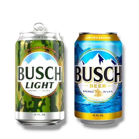 Busch Mix Pack mit Busch Beer 4,3 % Vol. und Busch Light 4,1 % Vol. – 355 ml Dosen auf weißem Hintergrund