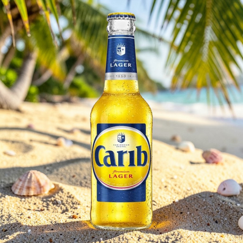 Carib Premium Lager 330ml Einzelflasche mit karibischem Hintergrund
