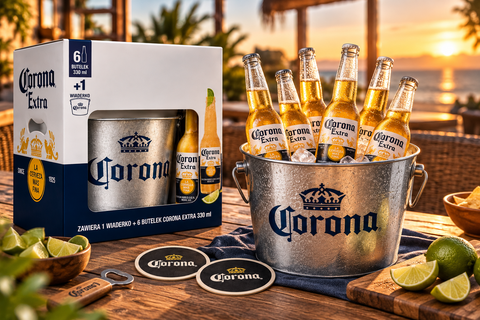 Corona Extra Geschenkset mit Eiskübel Bierflaschen und Bierdeckeln