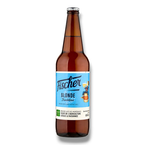 Fischer Blonde Tradition Bier aus dem Elsass in der 0,66-l-Glasflasche mit Kronkorken und hellblauem Etikett