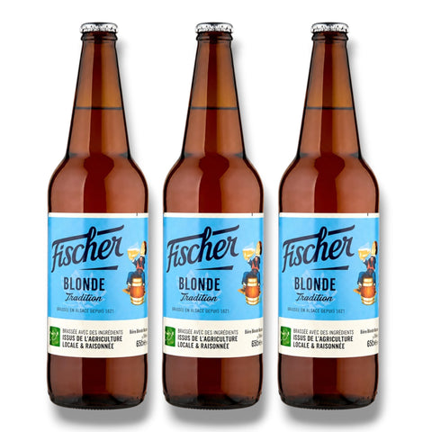 3 Flaschen Fischer Blonde Tradition à 0,66 l – französisches Lagerbier aus dem Elsass