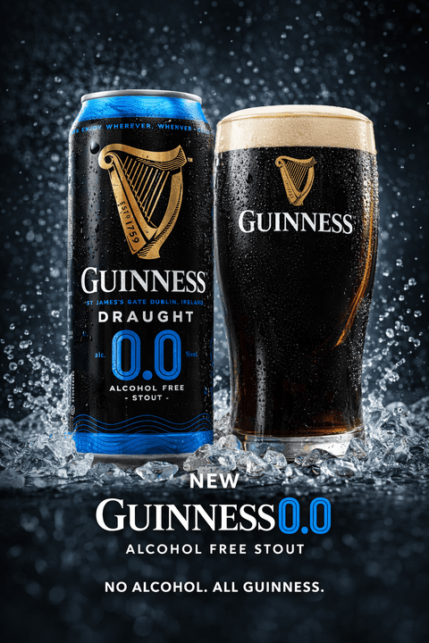Guinness 0.0 alkoholfreies Stout in Dose und Glas mit Eis, hochwertiges Produktbild 