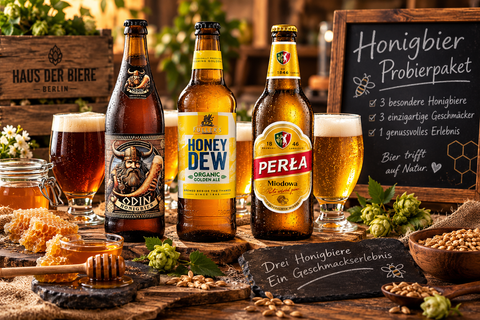 Drei verschiedene Honigbiere im Probierpaket mit Honig und Biergläsern