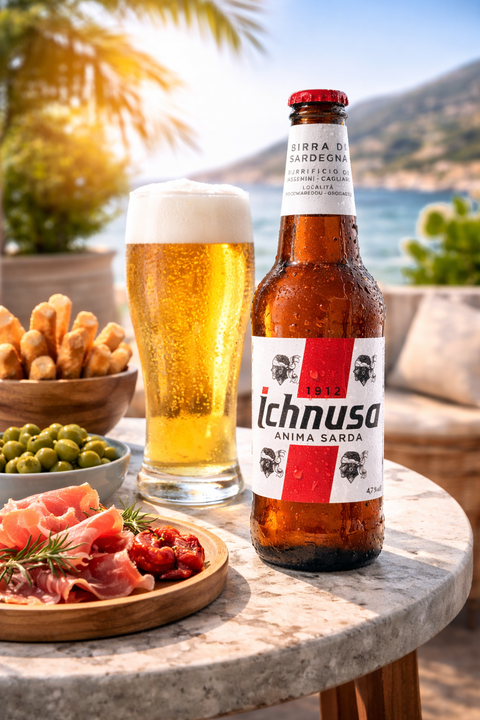Ichnusa Anima Sarda Bier im Glas und Flasche in mediterraner Sardinien Atmosphäre