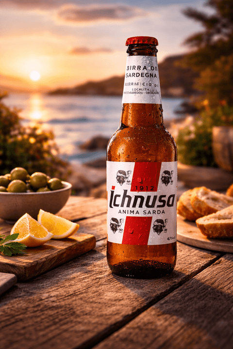 Ichnusa Anima Sarda Bier am Meer bei Sonnenuntergang mit mediterraner Atmosphäre