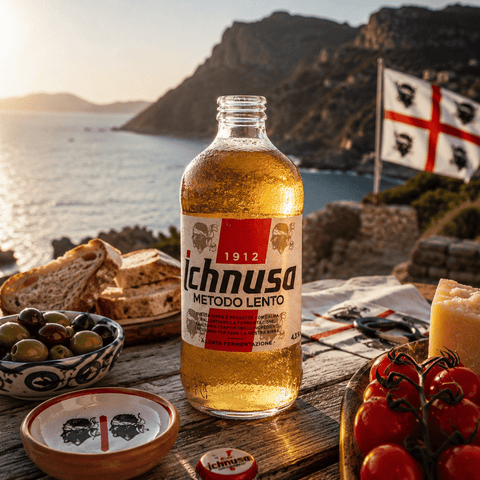 Ichnusa Metodo Lento Bier mit Oliven, Brot und Käse in sardischer Umgebung