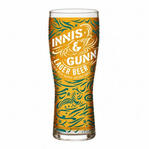 Leeres Innis & Gunn Lager Bierglas 0,33 l mit weißem Schriftzug und goldgelb-petrolgrünen Ornamenten