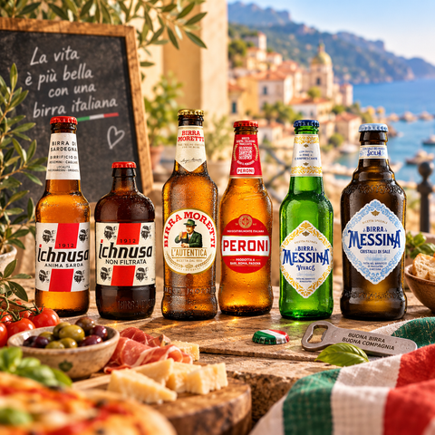 Italienisches Bierpaket mit 6 verschiedenen Bieren von Ichnusa, Birra Moretti, Peroni und Birra Messina – ideal zum Probieren und Verschenken.