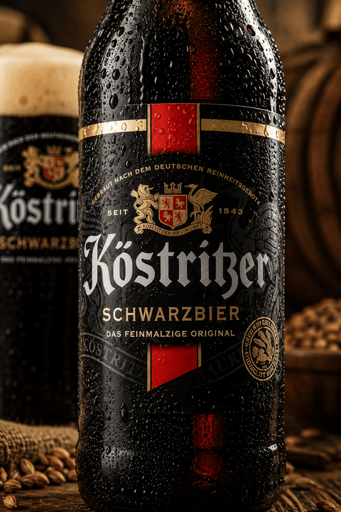 Nahaufnahme von Köstritzer Schwarzbier mit detailreichem Etikett, Kondensation und dunkler Bieroptik