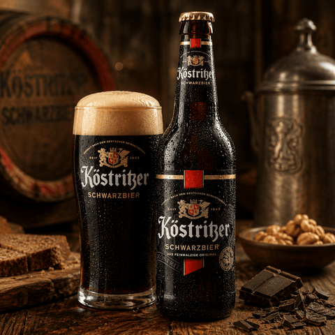 Köstritzer Schwarzbier im rustikalen Brauerei-Ambiente mit eingeschenktem Schwarzbier und Röstaromen
