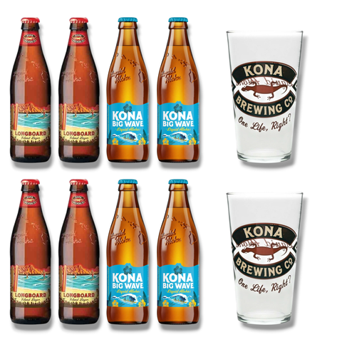Kona Bierset mit 4 Longboard Lager 4 Big Wave Golden Ale und 2 Biergläsern