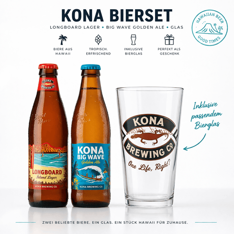 Kona Bierset Übersicht mit Longboard Lager Big Wave Golden Ale und Glas