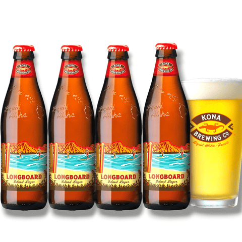 Kona Longboard Island Lager Geschenkset mit 4 Bierflaschen à 0,35 l und einem passenden Kona-Bierglas
