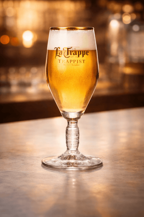 La Trappe Trappist Bierglas auf Hintergrund, Kelchglas mit Goldrand und Logo, elegantes Trappistenbierglas