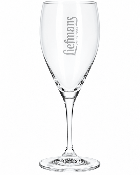 Leeres Liefmans Bierglas 0,25 l mit schlanker Kelchform, langem Stiel und vertikalem Liefmans-Schriftzug auf weißem Hintergrund
