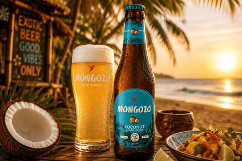 Mongozo Coconut 330 ml auf einer tropischen Terrasse mit frischer Kokosnuss und sommerlicher Atmosphäre