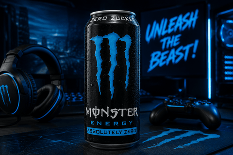 Monster Energy Absolutely Zero 500ml Energy Drink im Gaming Setup mit blauem Neon-Licht