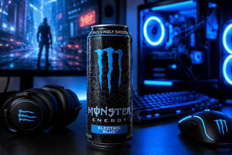 Monster Energy Electric Blue 473ml Energy Drink im Gaming Setup