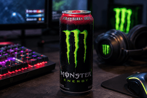 Monster Energy Strawberry Shot 473ml Energy Drink beim Gaming Setup