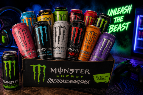 Monster Energy Überraschungsmix mit verschiedenen Sorten in einer offenen Box