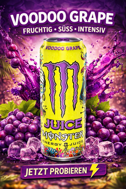 Monster Energy Voodoo Grape 500ml Energy Drink mit Traubengeschmack und Trauben