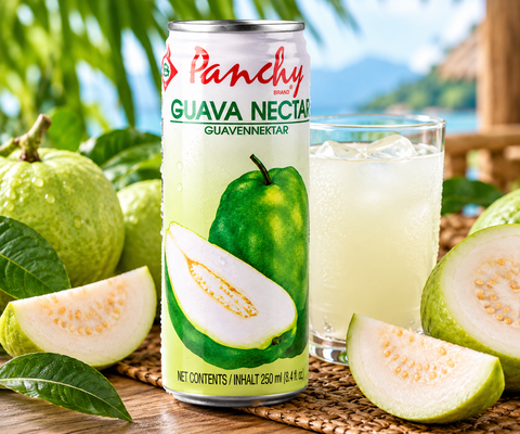 Panchy Guava Nectar mit frischer Guave in tropischer Atmosphäre