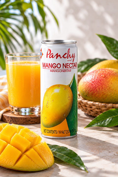 Panchy Mango Nectar mit frischer Mango in tropischer Atmosphäre