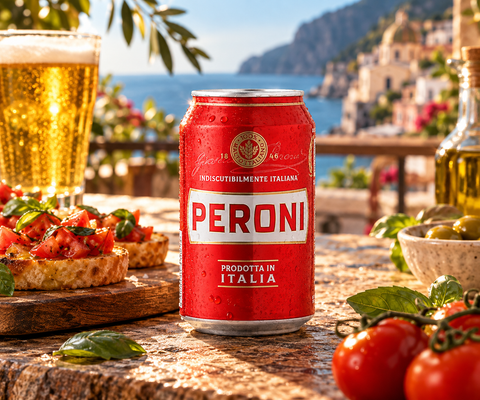 Peroni 0,33 l Dose mit Pizza und italienischer Genussatmosphäre