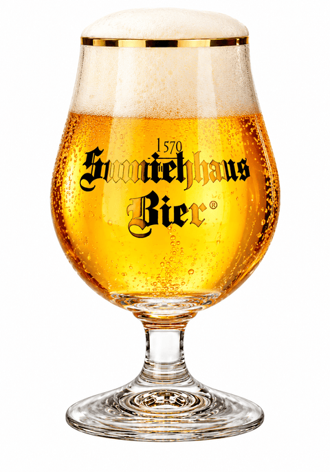 Samichlaus Bierkelch 0,2 l mit bernsteinfarbenem Bier und cremiger Schaumkrone