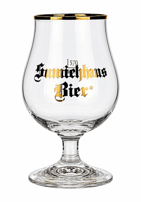 Leeres Samichlaus Bierglas 0,2 l mit Goldrand, schwarz-goldenem Schriftzug und bauchiger Kelchform