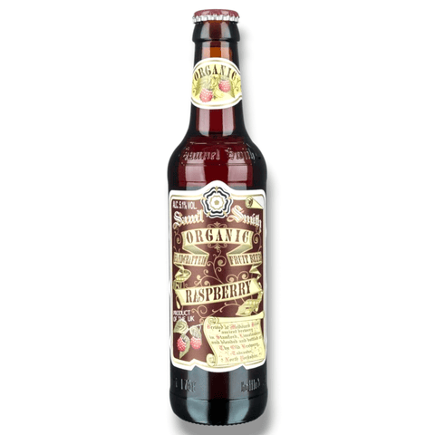 Samuel Smith Organic Raspberry Ale 355 ml – Einzelflasche mit Hintergrund, Bio Himbeer Fruchtbier 5,1 % Vol.