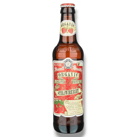 Samuel Smith Organic Strawberry Ale 355 ml – Bio Erdbeer Fruchtbier 5,1 % Vol., Einzelflasche auf weißem Hintergrund, Produktbild.
