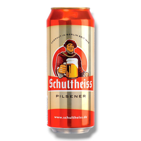 Schultheiss Pilsener aus Berlin im 24er-Pack mit 0,5-l-Einwegdosen und 5,0 % Vol.