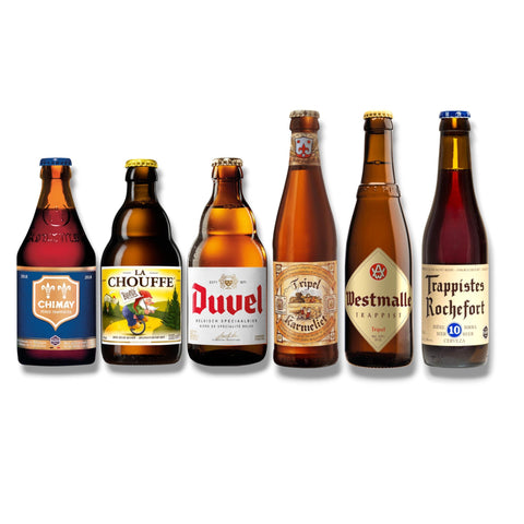 Starke Belgier Bierpaket mit Chimay Blue La Chouffe Duvel Tripel Karmeliet Westmalle und Rochefort 10