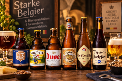 Sechs kräftige belgische Bierspezialitäten im Starke Belgier Probierpaket