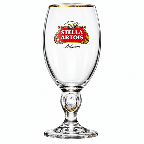 Stella Artois Bierglas 0,25 l – leeres belgisches Kelchglas mit Goldrand, Markenlogo und verziertem Stiel