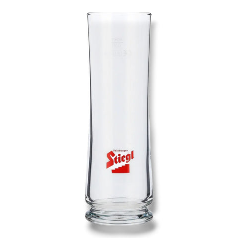 Stiegl Bierglas 0,3 l von Sahm mit rotem Markenlogo und schlanker Bierstangenform auf weißem Hintergrund