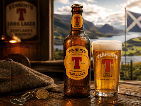 Tennent's 1885 Lager Bier im Glas und Flasche