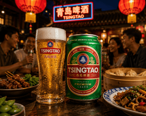 Tsingtao Bier Dose mit asiatischen Spezialitäten und stimmungsvoller Restaurant-Atmosphäre