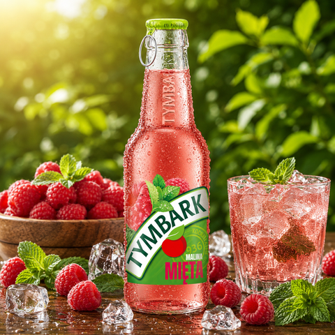 Tymbark Himbeere Minze Getränk mit frischen Himbeeren und Minzblättern auf Eis