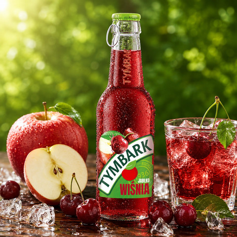 Tymbark Kirsche Apfel Getränk mit frischen Kirschen und Apfel auf Eis