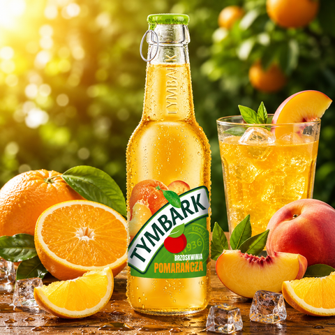 Tymbark Orange Pfirsich Getränk mit frischen Orangen und Pfirsichen auf Eis