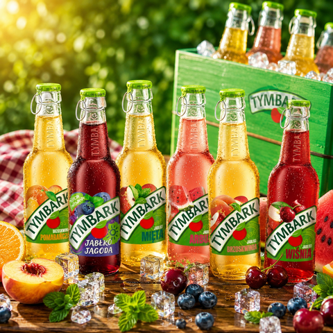 Tymbark Überraschungsmix mit verschiedenen Fruchtgetränken, Eiswürfeln und frischen Früchten im sommerlichen Lifestyle Setting
